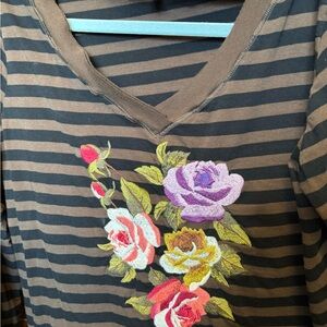 Johnny Was Brown and Black Striped V-Neck Top with Multicolor Floral Embroidery